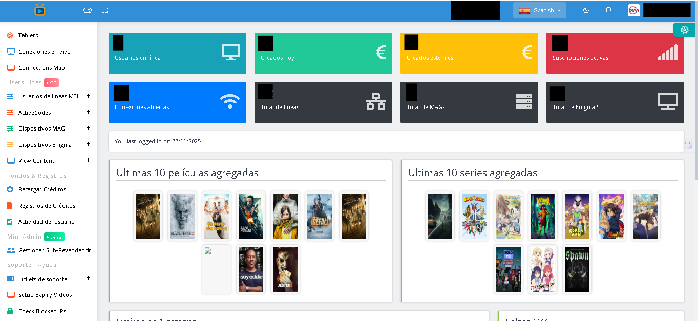 Panel de control administrativo para Reseller IPTV